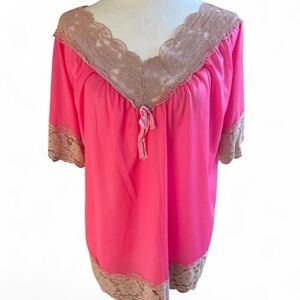 Vintage Durelle Fuchsia and Beige Lace Trim lingerie top and bottoms